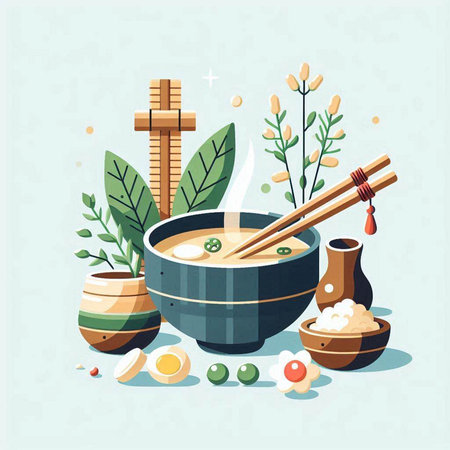 Japanese cuisine vector illustration. Traditional japanese food in bowl with chopsticks.のイラスト素材