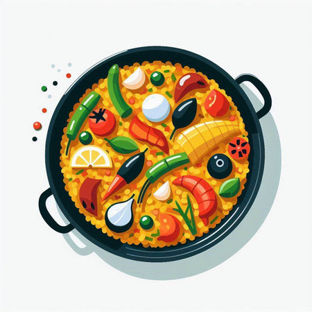Colorful vector illustration of paella in a pan on a white background.のイラスト素材