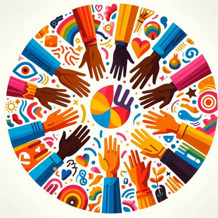 Hands of different ethnicities and religions around a circle. Vector illustration.のイラスト素材