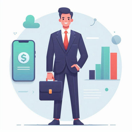 Businessman standing with briefcase and mobile phone. Vector illustration.のイラスト素材
