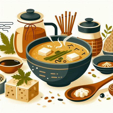 Japanese miso soup with tofu and soy sauce in pot. Vector illustration.のイラスト素材