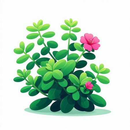 Illustration of a green plant with pink flowers on a white backgroundのイラスト素材