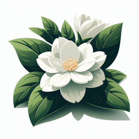 Beautiful white magnolia flower with green leaves. Vector illustration.のイラスト素材