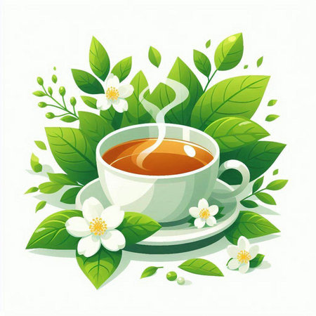 Cup of tea with jasmine flowers and green leaves.のイラスト素材