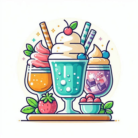 Colorful milkshakes with ice cream and berries. Vector illustration.のイラスト素材