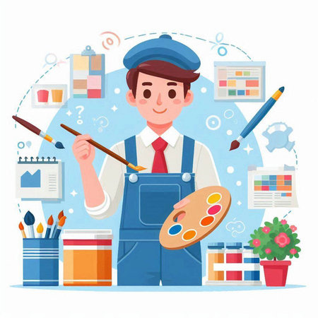 Artist painter with palette, brush and palette. Vector illustration in flat styleのイラスト素材