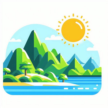 Landscape with mountains, lake and sun. Vector illustration in flat styleのイラスト素材