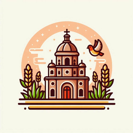 Church with a bird in the middle of the field. Vector illustration.のイラスト素材