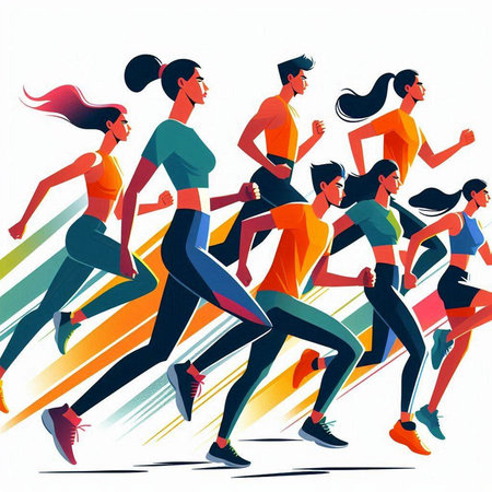 Running people, men and women, vector illustration. Flat design.のイラスト素材