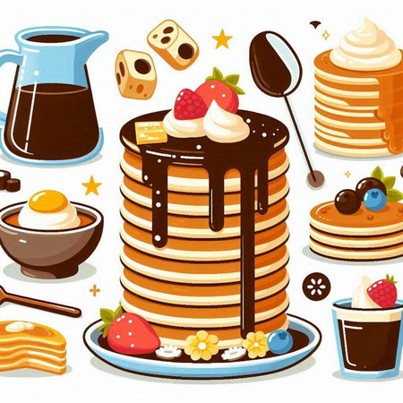 Illustration of a Stack of Pancakes Served with Chocolate Sauceのイラスト素材