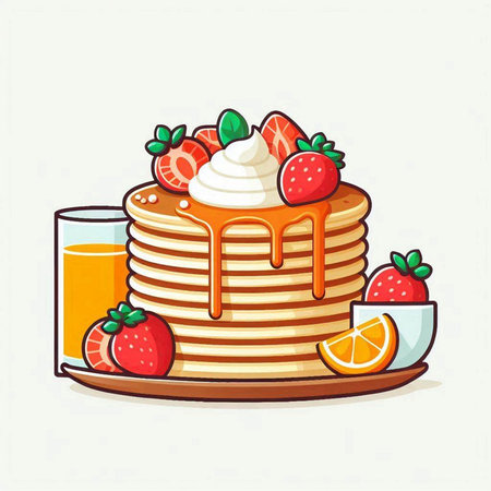 Pancakes with whipped cream, strawberries and orange juice. Vector illustration.のイラスト素材