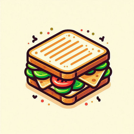 Sandwich icon. Vector illustration of a sandwich with vegetables and cheese.のイラスト素材