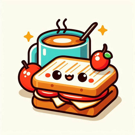 Cute breakfast with coffee and sandwich. Vector cartoon character illustration.のイラスト素材