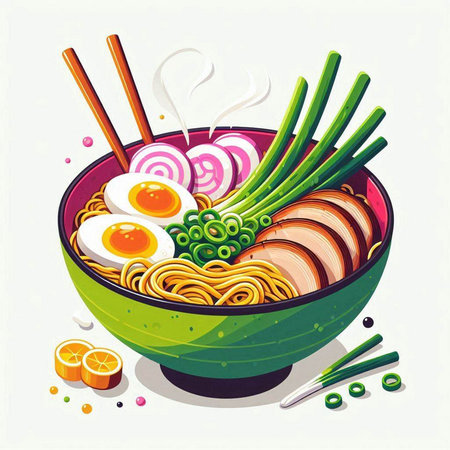 Bowl of noodle soup with chopsticks and vegetables. Vector illustration.のイラスト素材