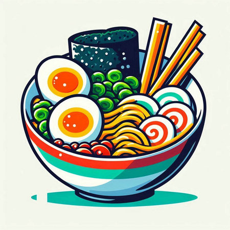Illustration of a bowl of noodle with chopsticks and eggのイラスト素材