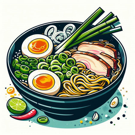 Illustration of japanese ramen noodle soup with pork, egg and vegetablesのイラスト素材