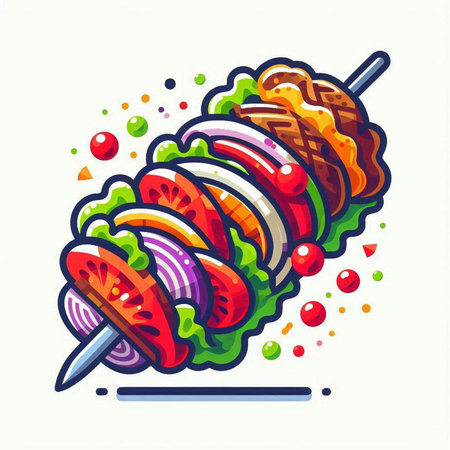 Vector illustration of shish kebab on skewer with vegetables.のイラスト素材