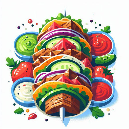 Vector illustration of a sandwich with vegetables, cheese, tomato, cucumber, lettuce.のイラスト素材