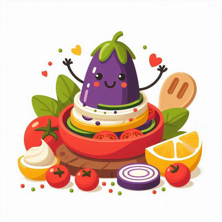 Funny eggplant with vegetables. Healthy food. Vector illustration.のイラスト素材