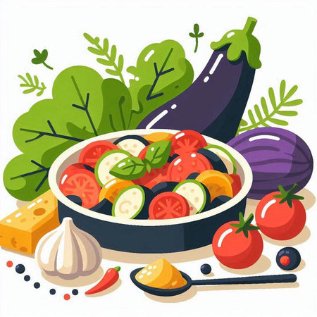 Vegetable salad with eggplant, tomato, onion and garlic. Vector illustrationのイラスト素材