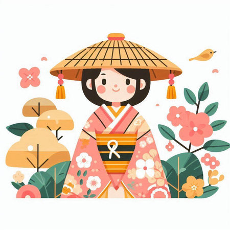 Cute Japanese girl in traditional costume with flowers. Vector illustration.のイラスト素材