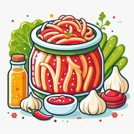 Tomato sauce in a jar and ingredients for cooking. Vector illustration.のイラスト素材