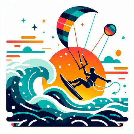 Kitesurfer on the waves of the sea. Vector illustrationのイラスト素材