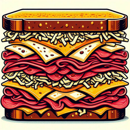 Illustration of a cheeseburger with cheese and salami.のイラスト素材