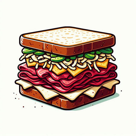 Sandwich with meat, vegetables and cheese. Vector illustration of fast food.のイラスト素材