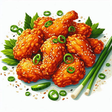 Fried chicken wings with green onion and parsley. Vector illustration.のイラスト素材