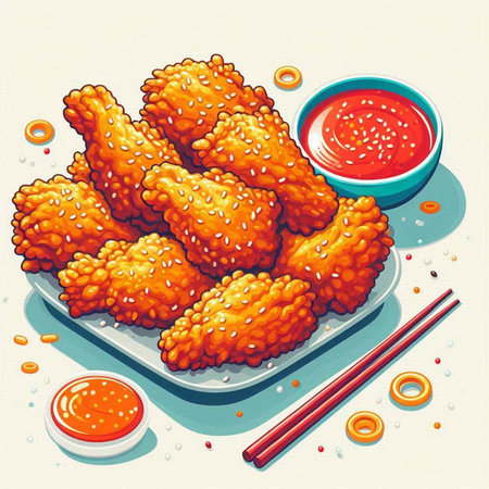 Vector illustration of fried chicken wings with soy sauce and chopsticks.のイラスト素材