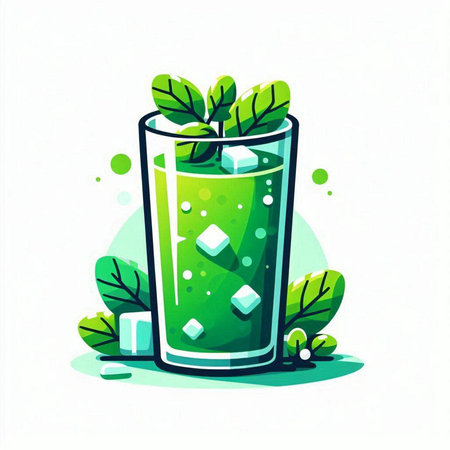 Vector illustration of a glass of green smoothie with ice cubes and mint leaves.のイラスト素材