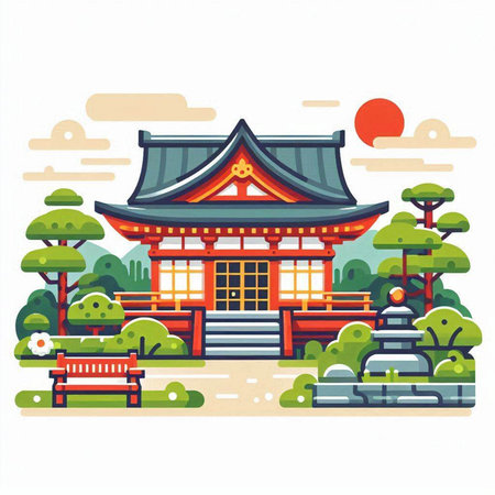 Japanese temple vector illustration in flat style. Travel and tourism concept.のイラスト素材