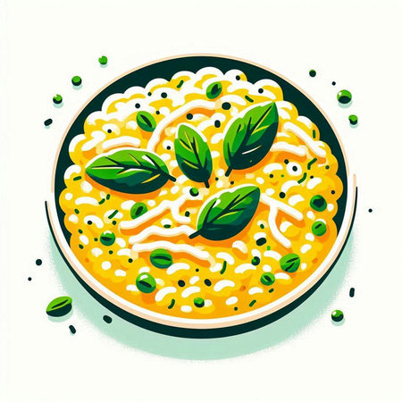 Illustration of risotto with green peas and basil on white backgroundのイラスト素材