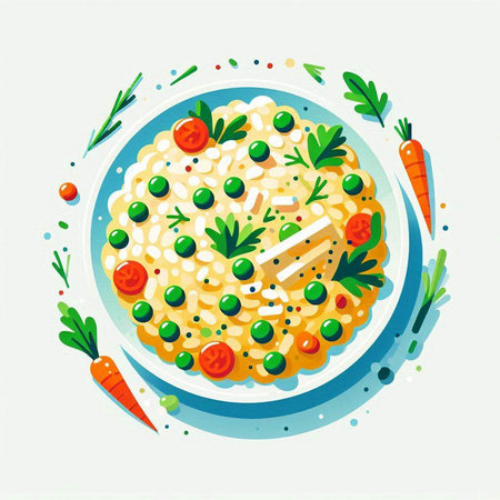 Illustration of a plate of risotto with green peas and carrotsのイラスト素材