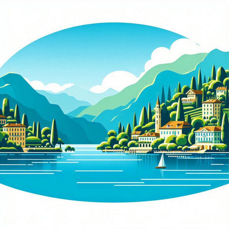 landscape of Lake Como in Italy, Europe. Vector illustrationのイラスト素材