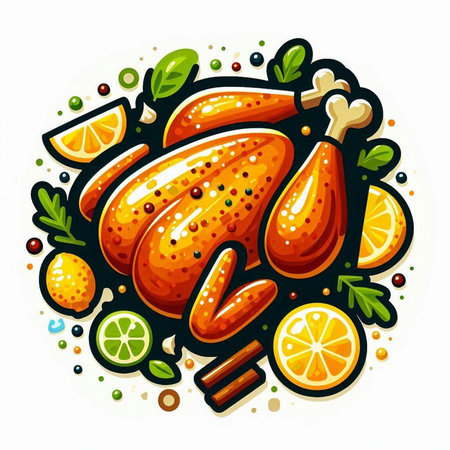 Vector illustration of roasted chicken with lemon and spices. Food icon.のイラスト素材