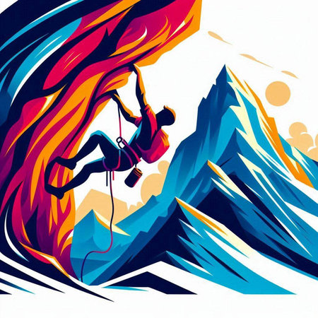 Illustration of a climber climbing up the mountain. Vector illustration.のイラスト素材