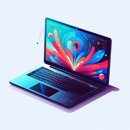 Laptop with abstract colorful design on the screen. Vector illustration.のイラスト素材