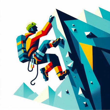 Vector illustration of a climber climbing up a mountain with a rope.のイラスト素材
