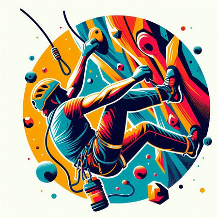 Hand drawn illustration of a man climbing a wall with a rope. Colorful background.のイラスト素材