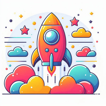Cartoon rocket with clouds and stars. Colorful vector illustration.のイラスト素材