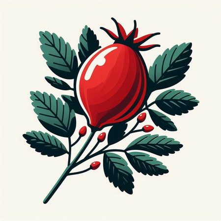 Rosehip branch with berries and leaves. Vector illustration in retro style.のイラスト素材