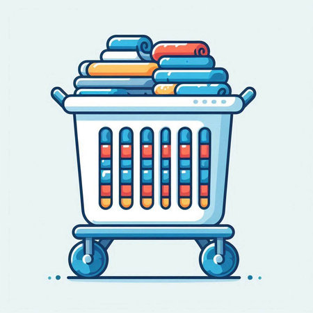 Shopping cart with towels. Vector illustration in thin line style.のイラスト素材