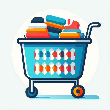 Shopping cart full of clothes. Vector illustration in flat style.のイラスト素材