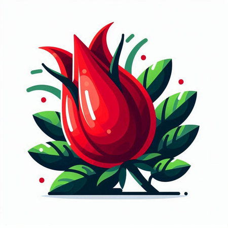 Vector illustration of a red rose with green leaves on a white background.のイラスト素材