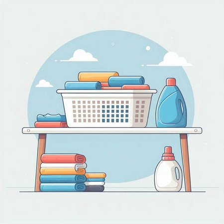 Laundry basket and cleaning products on the shelf. Vector illustration.のイラスト素材