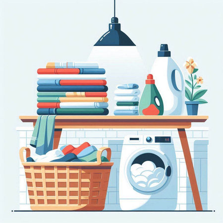 Laundry room. Laundry basket with towels and washing machine. Vector illustration.のイラスト素材