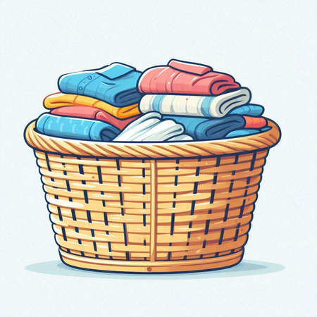 Basket with laundry. Vector illustration of a basket full of clothes.のイラスト素材