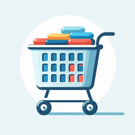 Shopping cart with stack of books. Flat design vector illustration.のイラスト素材